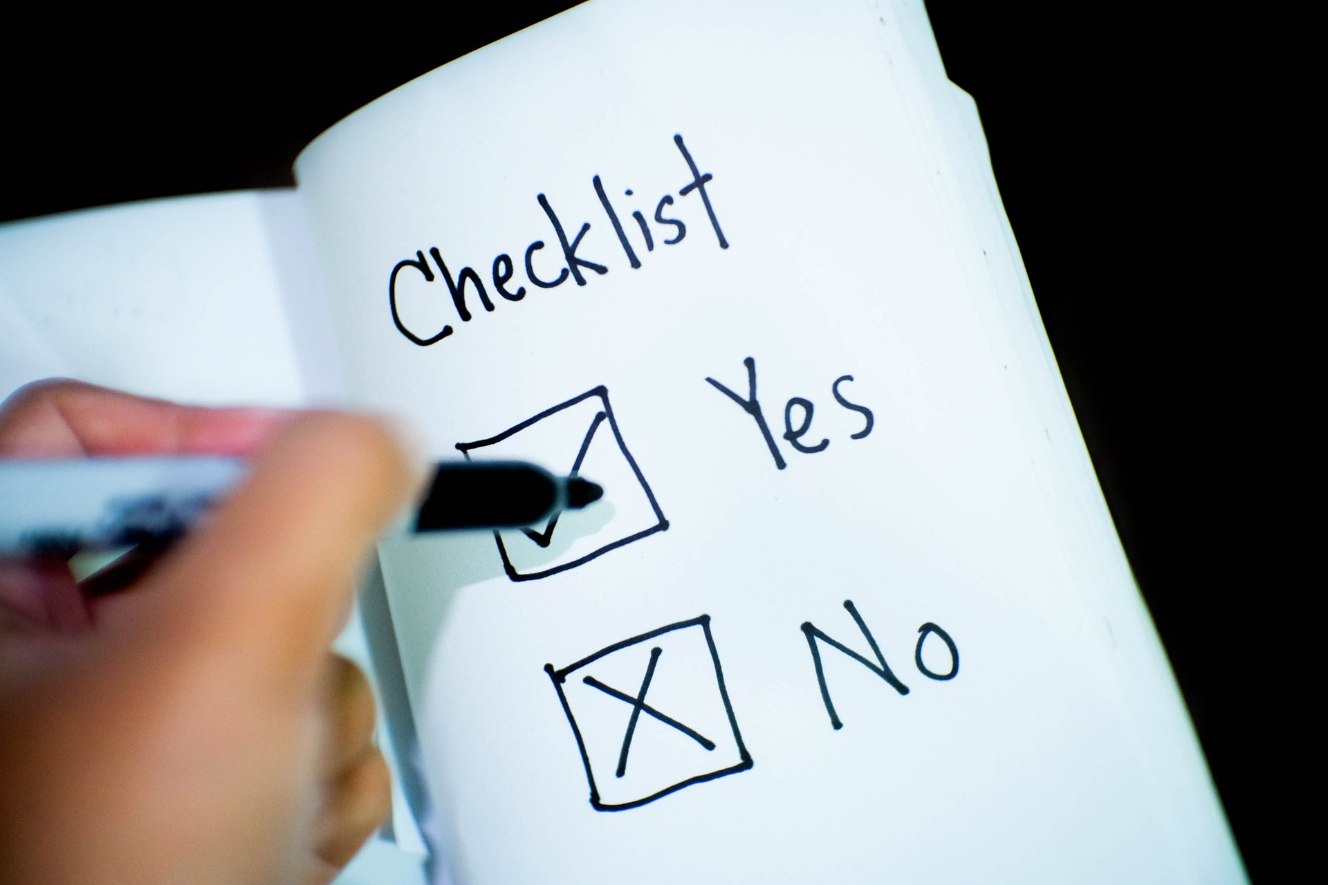 A checklist written in a notebook with options of yes or no